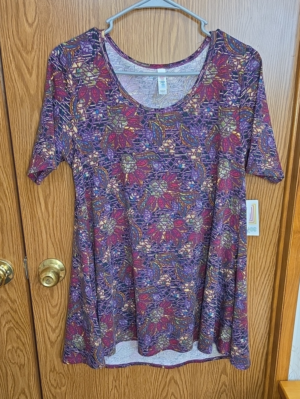 LuLaRoe Purple Floral Scoop Neck Tunic with Pink and Gold Flowers